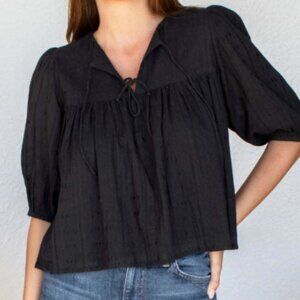 Evereve  Emerson Fry Puff Isla TopBlack Dobby Blouse Top Cotton Sz XS-Small $138
